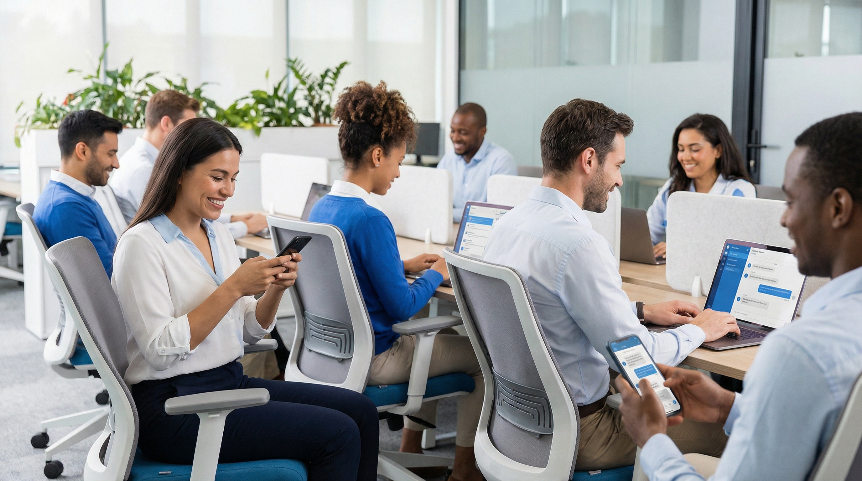 Equipe de atendimento conectada via chat